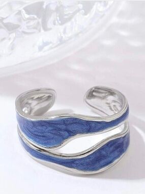 1pcs Stainless Steel Open- Ended Ring, Irregular Shape, Color Blue, Adjustable
